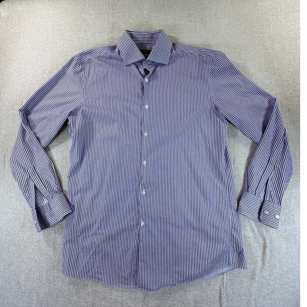 Boss Hugo Boss Mens 16/34-35 Red/White Sharp Fit Striped Long Sleeve Dress Shirt
